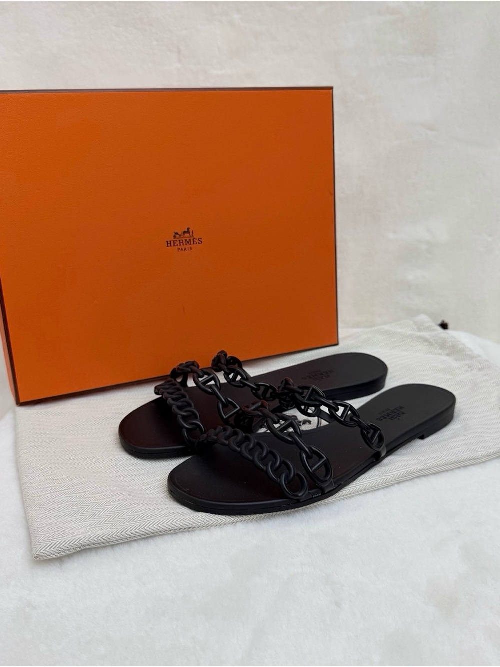 Hermes Black Chain-Link Leather Slide Sandals